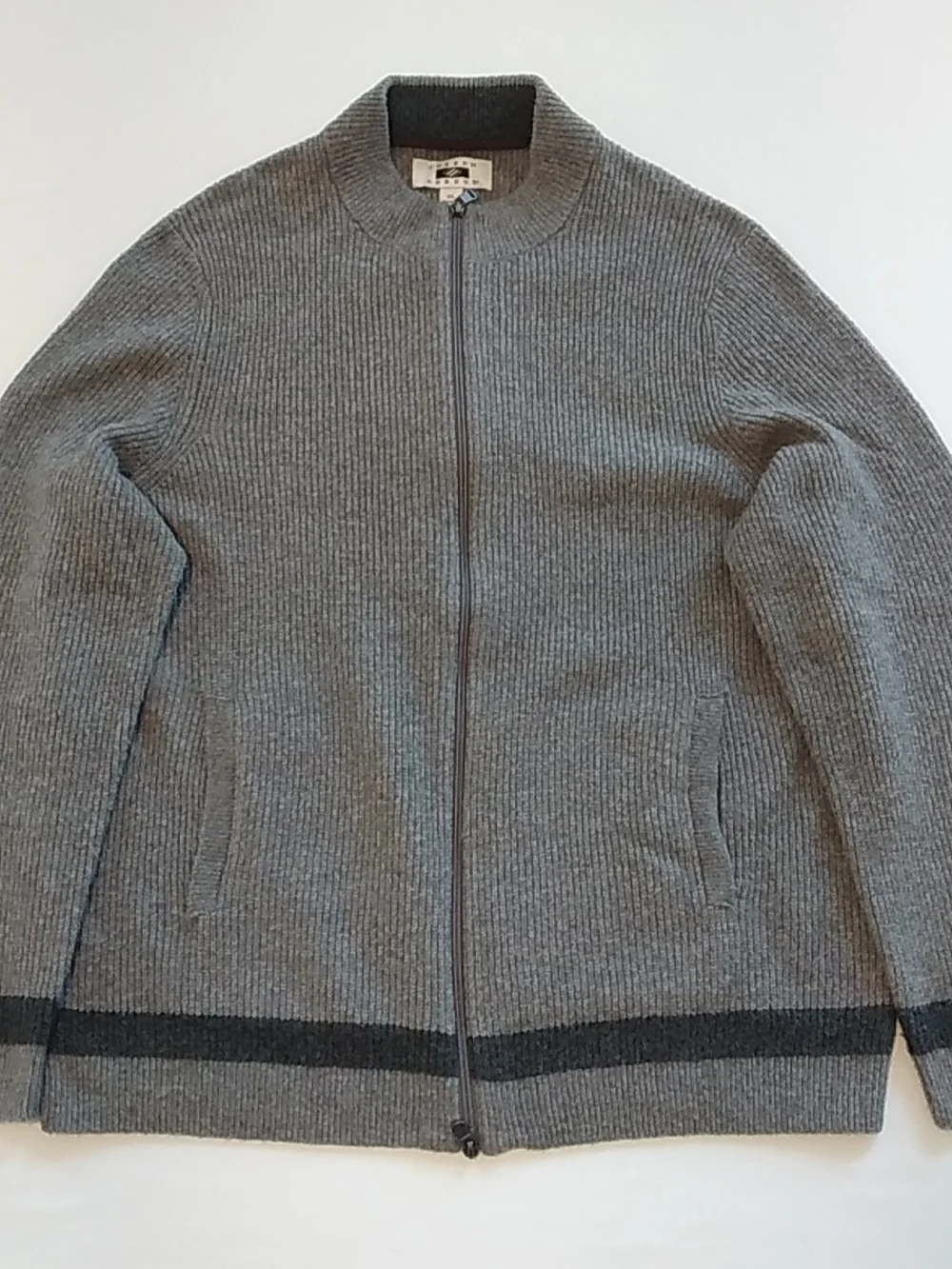 Joseph Abboud Men's Gray XL Zip-Front Ribbed Cardigan, Dark Hem Stripe Old Money